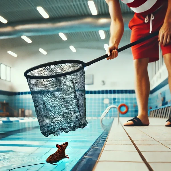 DALL E 2024 08 05 14 44 43 A person in a lifeguard uniform is using a long handled net to catch a mouse at an indoor swimming pool The mouse is sitting at the bottom of the net